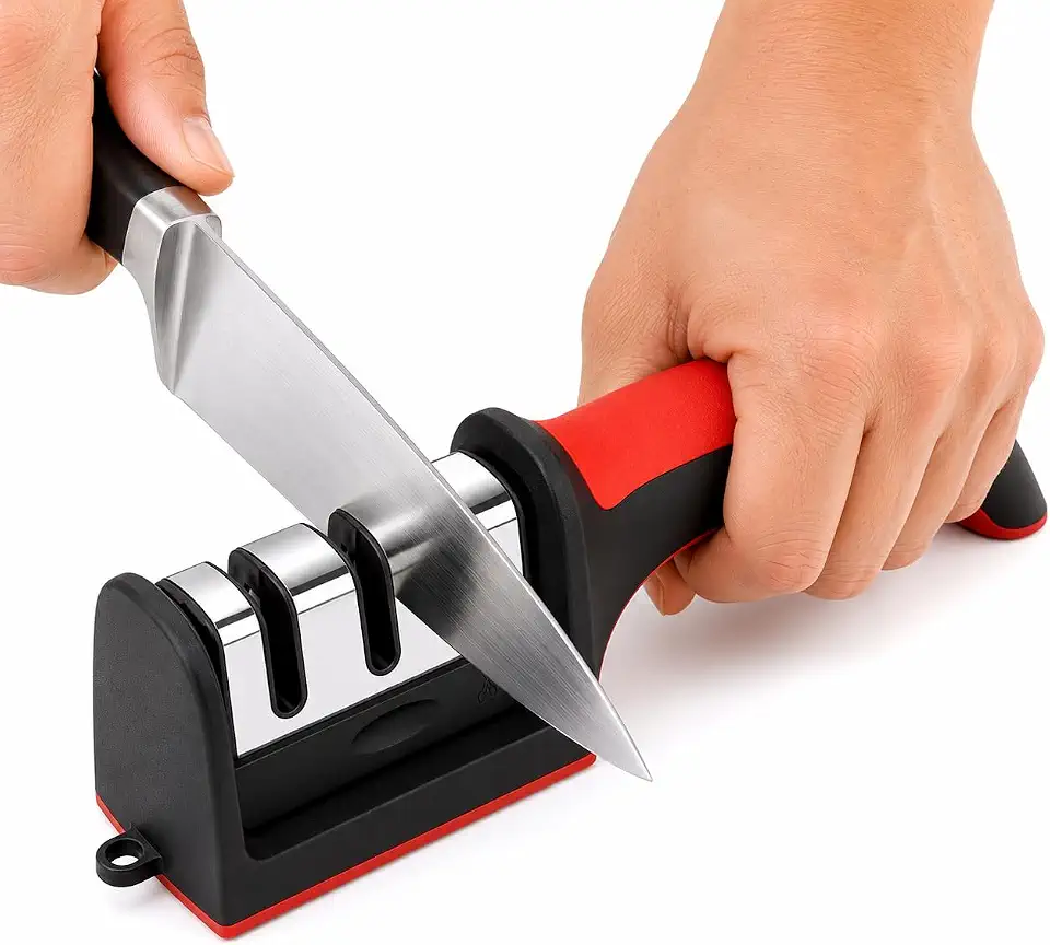 Amolador e Afiador de Facas 4 em 1 Profissional Manual | Sistema de Afiação em 3 Estágios | Cabo Ergonômico Antiderrapante | Aço Durável | Recupera, Afia e Dá Acabamento às Lâminas