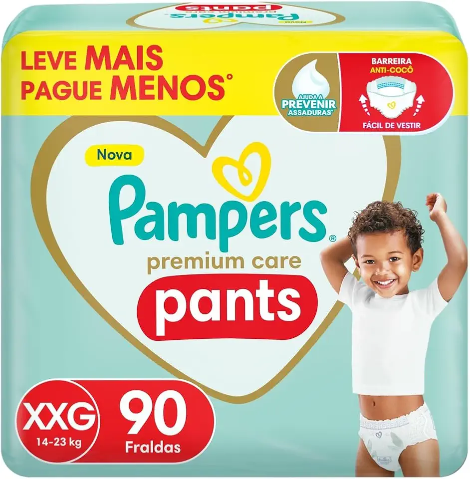 Fralda Pampers Premium Care Pants Tamanho XXG, Fácil de Vestir, 90 Unidades