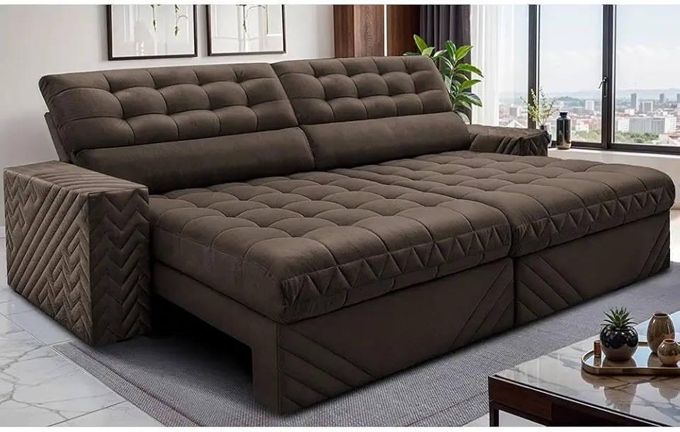 Sofá Retrátil e Reclinável 3,00m Molas Ensacadas Max Spring Velusoft Café Cama Inbox