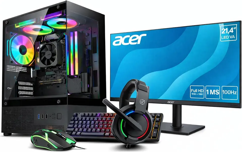 PC Gamer Completo AMD Ryzen 5 5600GT, 16GB DDR4 3200MHz, SSD 240GB, Fonte 500W 80 Plus, Monitor 22" 100Hz, Kit Gamer RGB 4 em 1 (Teclado, Mouse, Headset e Mousepad).