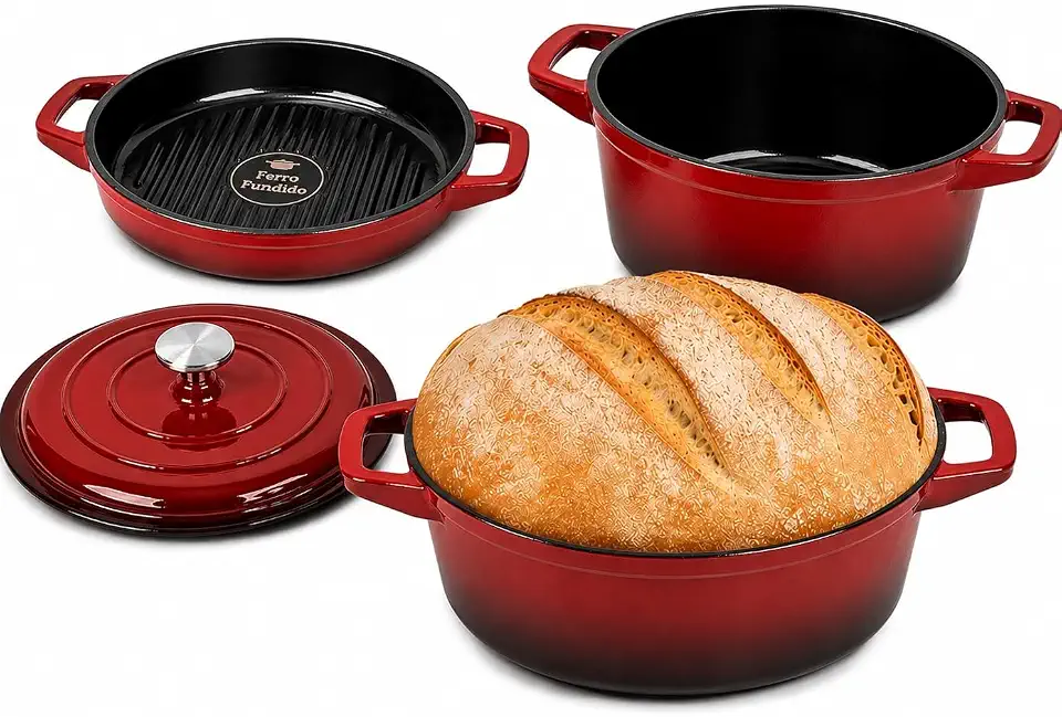 Conjunto de Panelas Holândesa Ferro Fundido Esmaltado, 3 Peças, Indução Forno e Fogão, Antiaderente, Caçarola 24 cm. Grande 4.2L, Média 3L, Menor 2L. (Red)