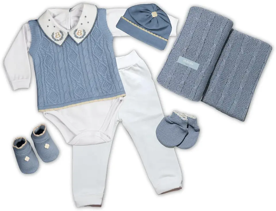 Kit Saida Maternidade Menino Completa Tricot 7 Peças Azul Celeste