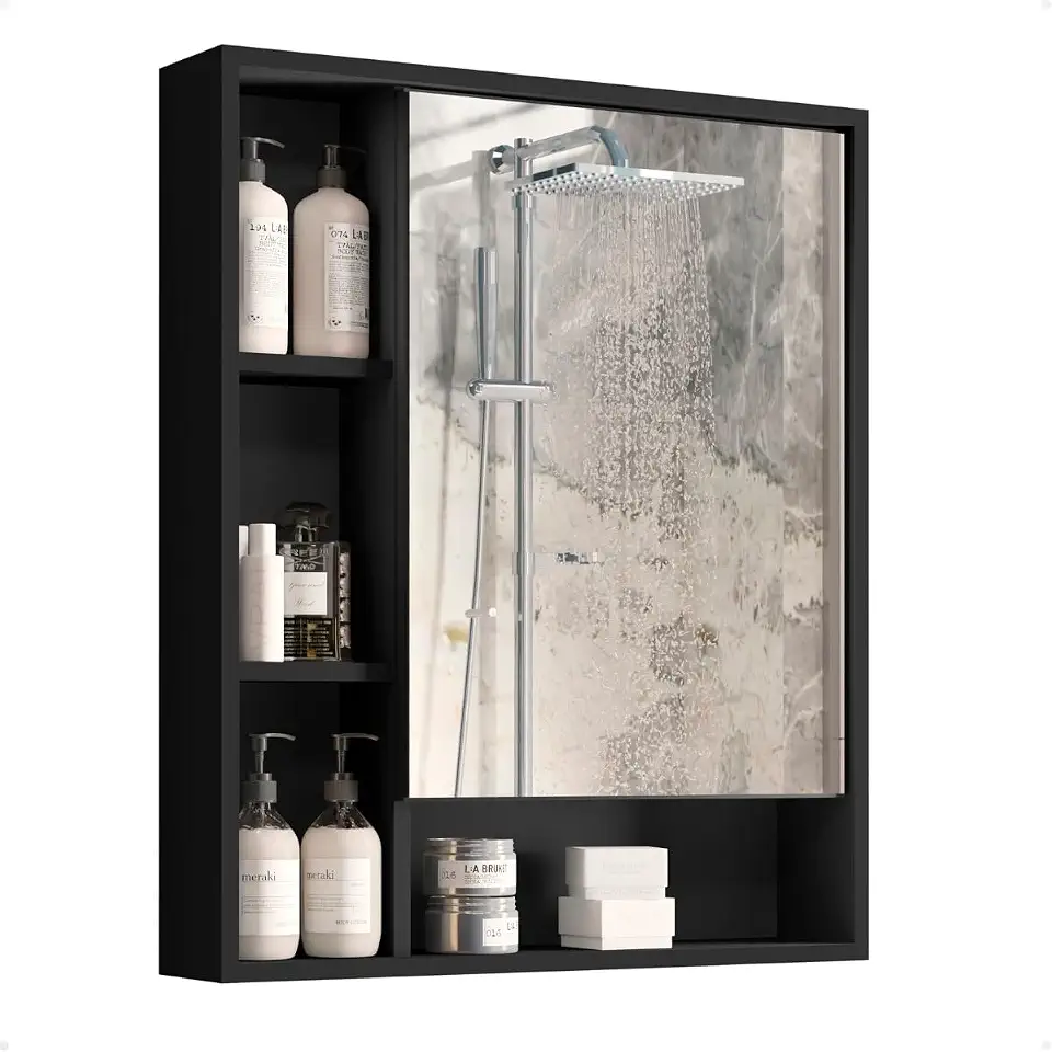 Armário de Banheiro com Espelho Espelheira de Parede Multiuso em MDP/MDF, Design Moderno, com Prateleiras Internas, Ideal para Organização e Decoração (PRETO)