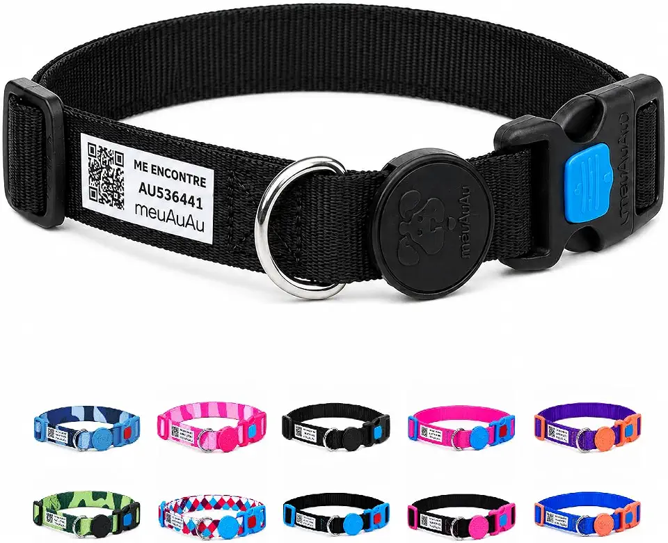 meuAuAu Coleira Cachorros Grandes com Identificação QR Code, Coleira para Cães e Coleira Pet Inteligente sem Bateria, Ajustável em Poliéster Premium com Trava de Segurança (Black, G)