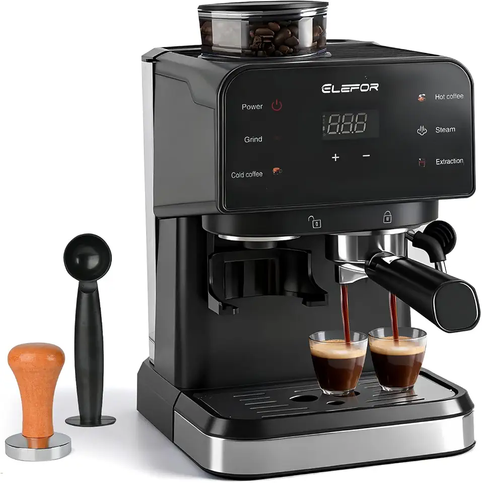 Elefor Máquina de café expresso 20 bar, cafeteira com moedor preto