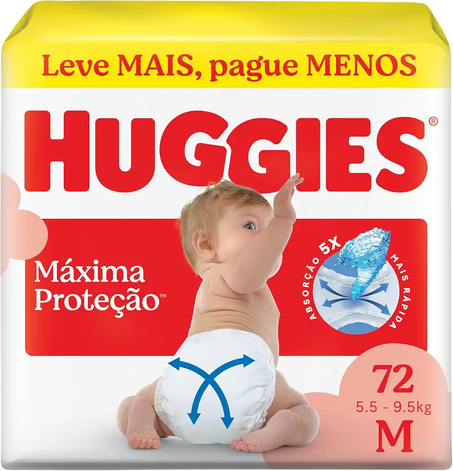Fralda Descartável Huggies Máxima Proteção Tamanho M 72 unidades – Fralda aberta com tecnologia Xtra-Flex, canais em X que se adaptam aos movimentos e máxima proteção sem fralda caída
