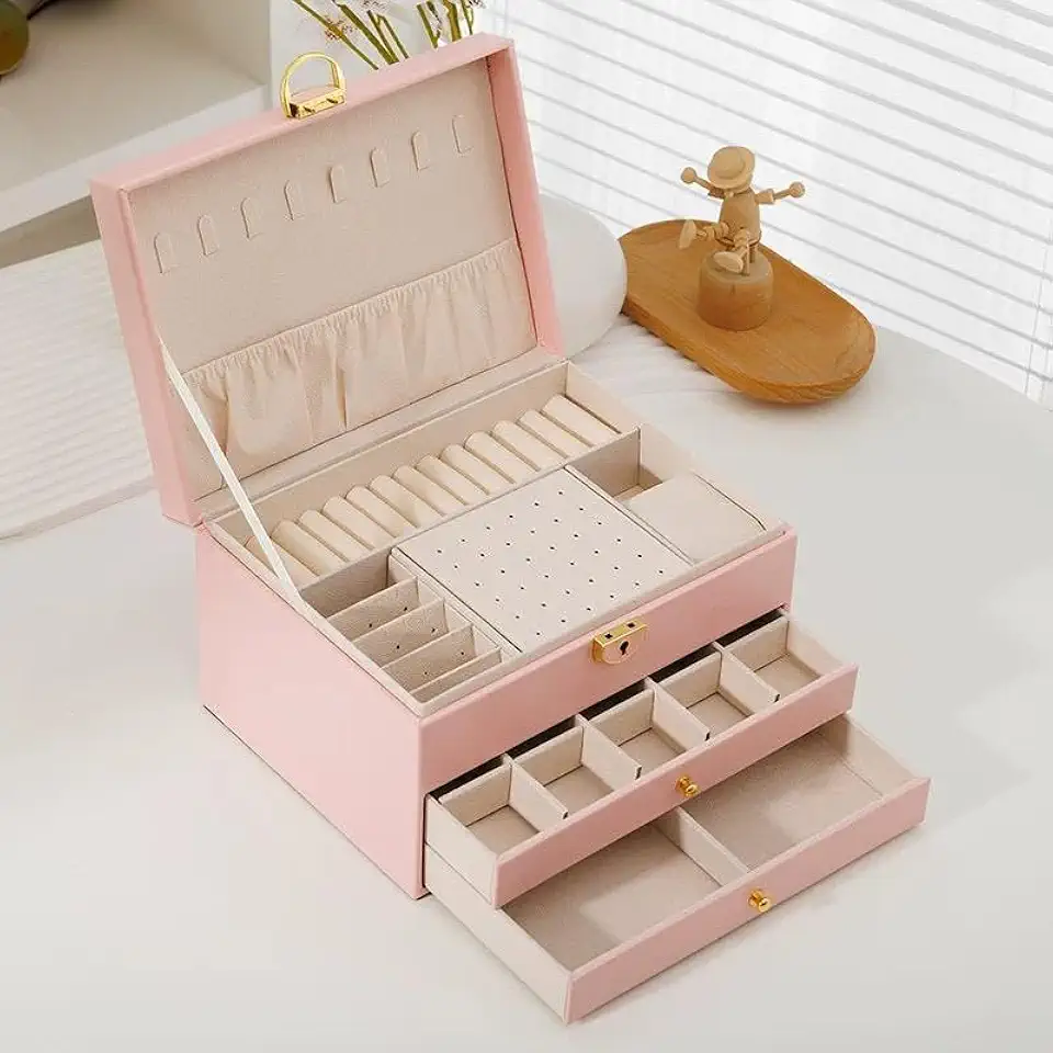 Porta Joias Luxury 3 Camadas com Gavetas, Organizador Grande de Joias e Bijuterias, Caixa Porta-Jóias com Interior em Veludo, Organizador de Bijuterias (Rosa)