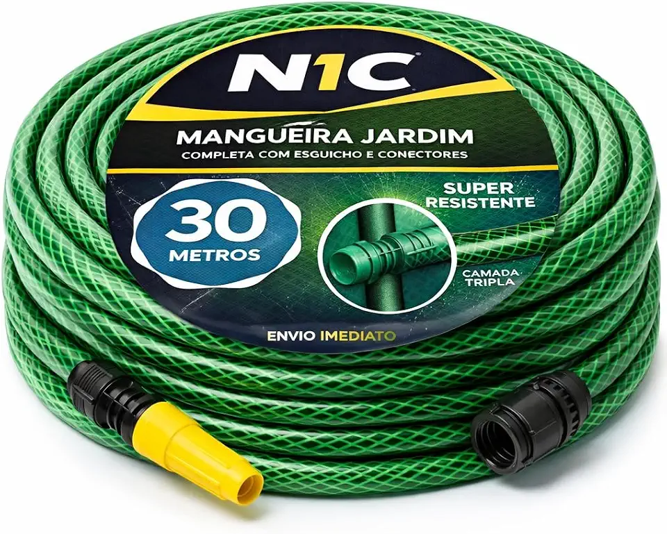 Kit Mangueira de Jardim Trançada Reforçada 30 Metros, Tripla Camada, Antitorção, com Esguicho Regulável e Conector