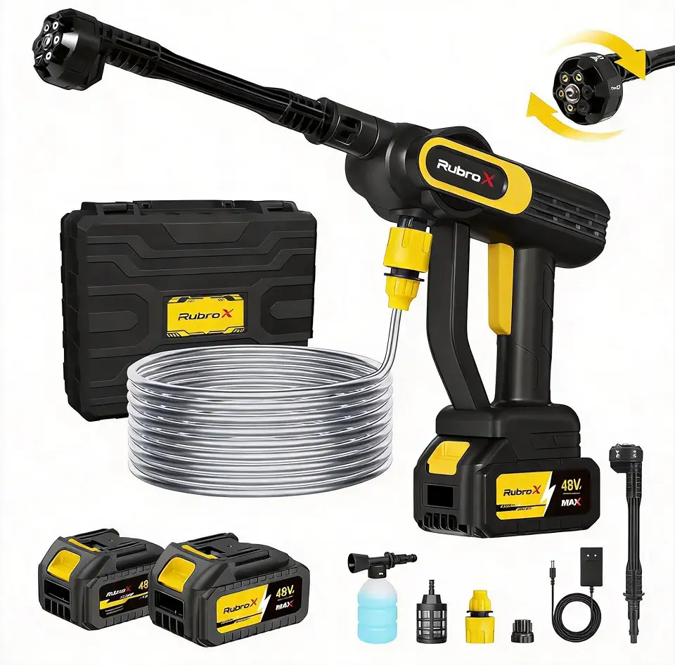 Lavadora de Alta Pressão Sem Fio RubroX - 6 em 1 + Extensor de Aço, Estojo de Luxo, Potência 300 W, fortalecer a bateria (Preto)