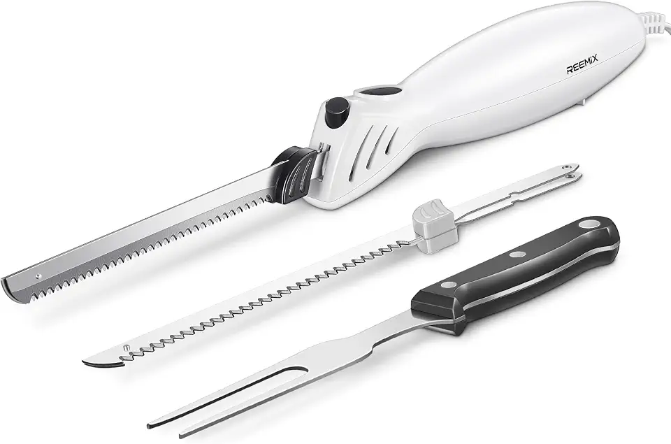 Reemix Faca de entalhe elétrica, conjunto de facas elétricas para uso multiuso, operação com um toque, 2 lâminas de entalhe incluídas e 1 garfo de servir (branco)