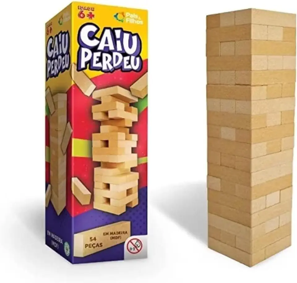Jogo Caiu Perdeu Torre De Madeira Mesa Equilibrio 54 Peças 28 Cm De Altura Para 6+ Anos O Papai Paga Mico Premium