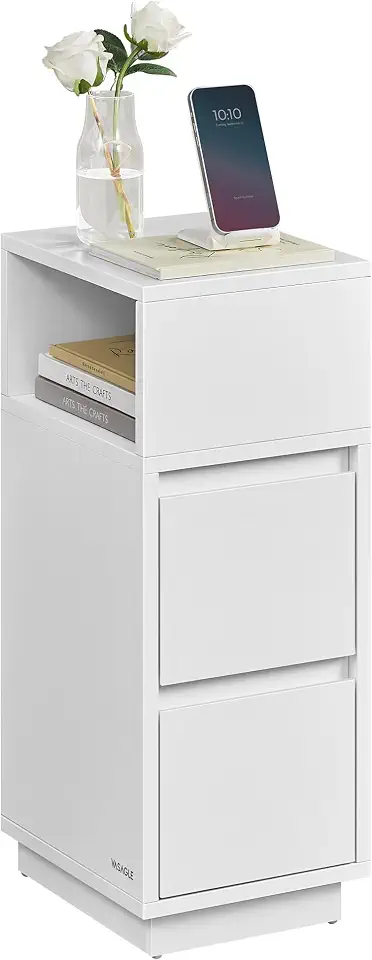 VASAGLE KAILYN Coleção, Mesa de Cabeceira Estreita, Mesa Lateral Pequena e Estreita com Gavetas, Compartimento Aberto Flexível, para Quarto, Sala de Estar, Branco Nuvem BRLET656W01V1