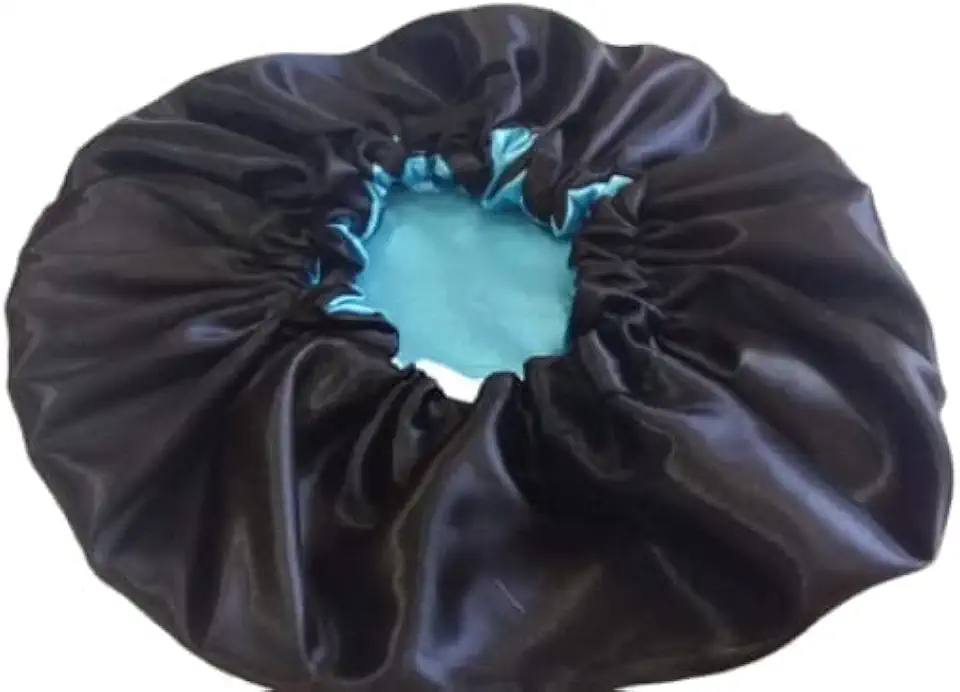 touca de cetim dupla face ajustável preta com azul claro