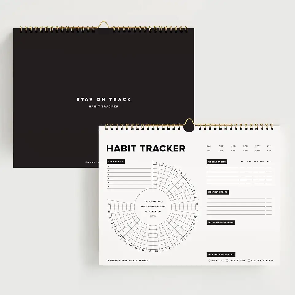 Calendário de parede Stay on Track Habit Tracker – Diário de hábitos diário, semanal e mensal para definição de metas e produtividade – Planejador espiral sem data da ThreeKin Collective