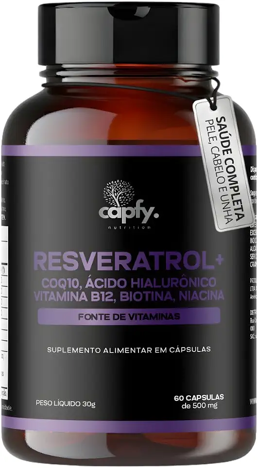 Trans Resveratrol Plus 165mg + Coenzima Q10 + Ácido Hialurônico + Biotina + Vitamina B12 + Niacina + Zinco 60 Cápsulas Premium Capfy Nutrition Suplemento Antienvelhecimento para Saúde da Pele Cabelo Unha