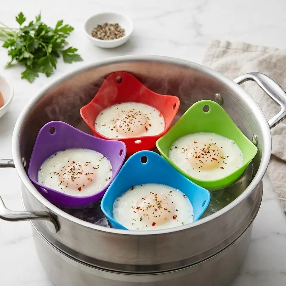 Conjunto de 4 copos para cozinhar ovos de silicone resistentes ao calor para fogões de micro-ondas