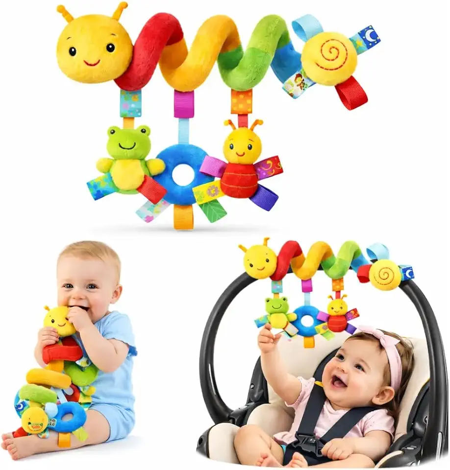 Brinquedo Espiral Sensorial Centopeia de Pelúcia Mobile para Carrinho de Bebê - Brinquedo Bebe 0 a 6 Meses, com Chocalho, Cores Vibrantes