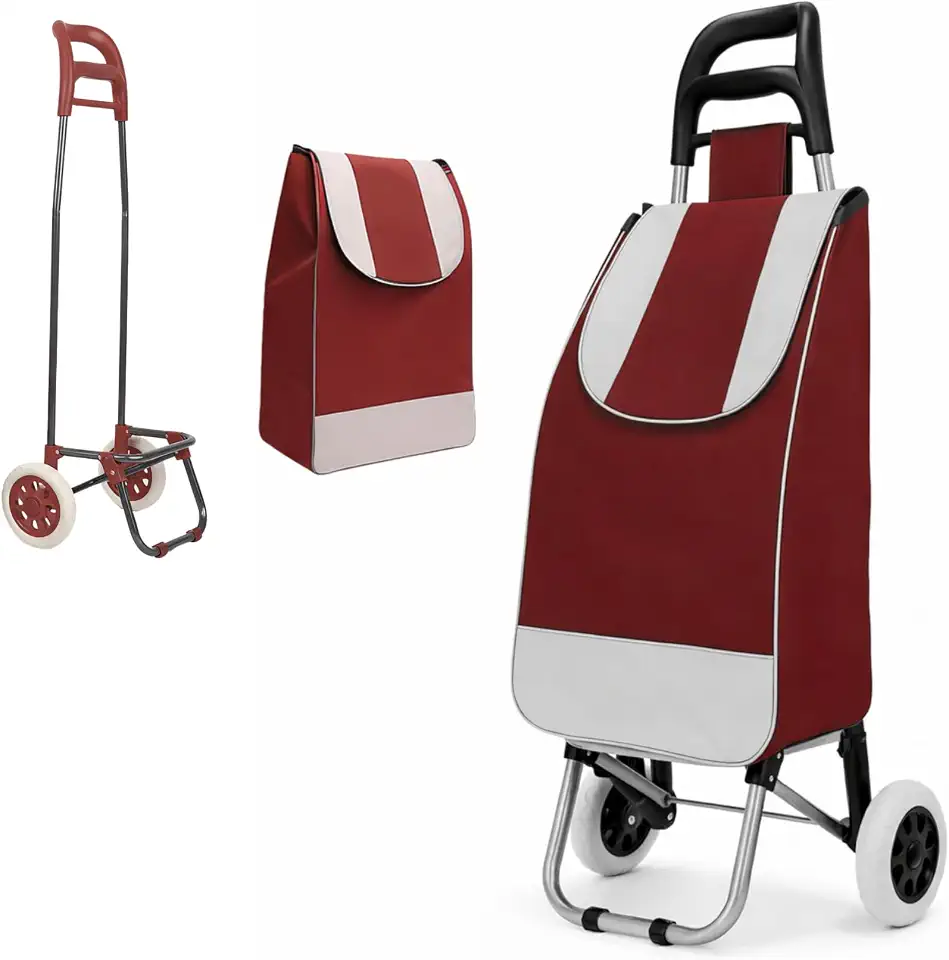 Carrinho de Compras Dobrável para Feira, Supermercado, Praia, Camping, com Rodas Reforçadas, Suporta até 30kg, Fácil de Montar e Desmontar (Bordô)