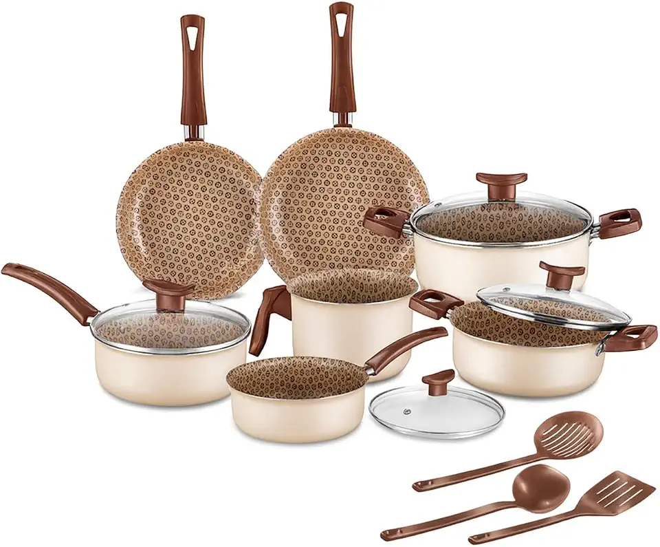 House Organizer Jogo de Panelas Antiaderente com Tampas de Vidro e Utensílios – 10 Peças (Ivory)