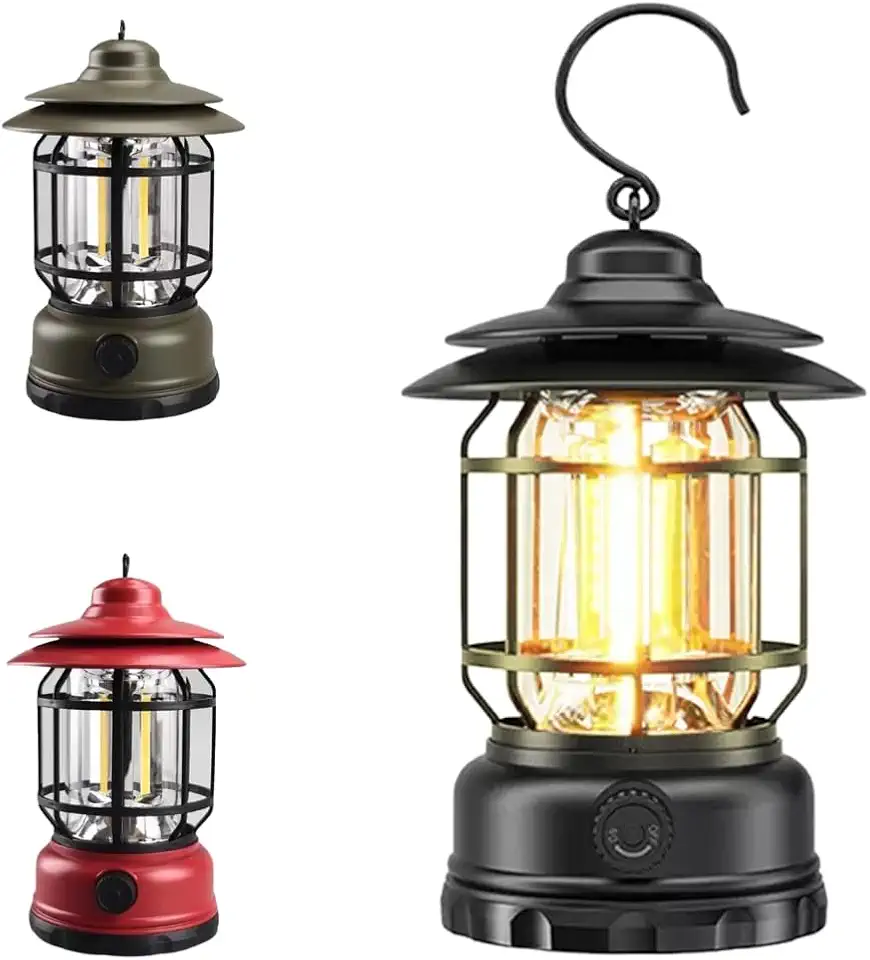 Lampião Retrô Lanterna Luminária LED Recarregável Portátil para Camping, Pesca e Acampamento, com Regulagem de Intensidade, Luz Potente, Gancho para Pendurar, Bateria de Longa Duração (Verde)