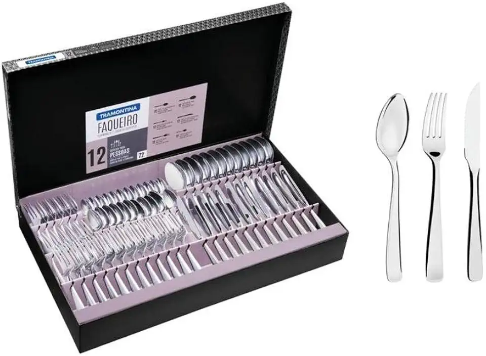 Faqueiro Aço Inox com Faca para Churrasco 72 Peças Tramontina Pacific Prata
