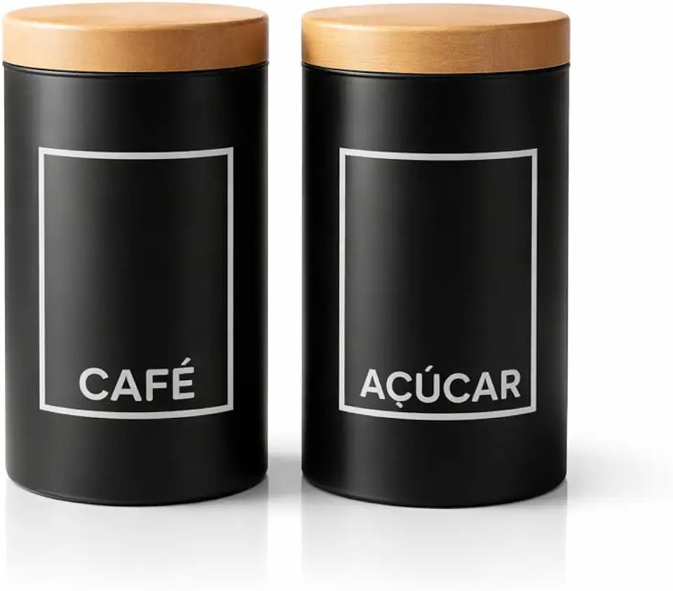 Potes Herméticos Café e Açúcar em Ferro com Tampa de Madeira – Organização Elegante para Cozinha (Redondo)