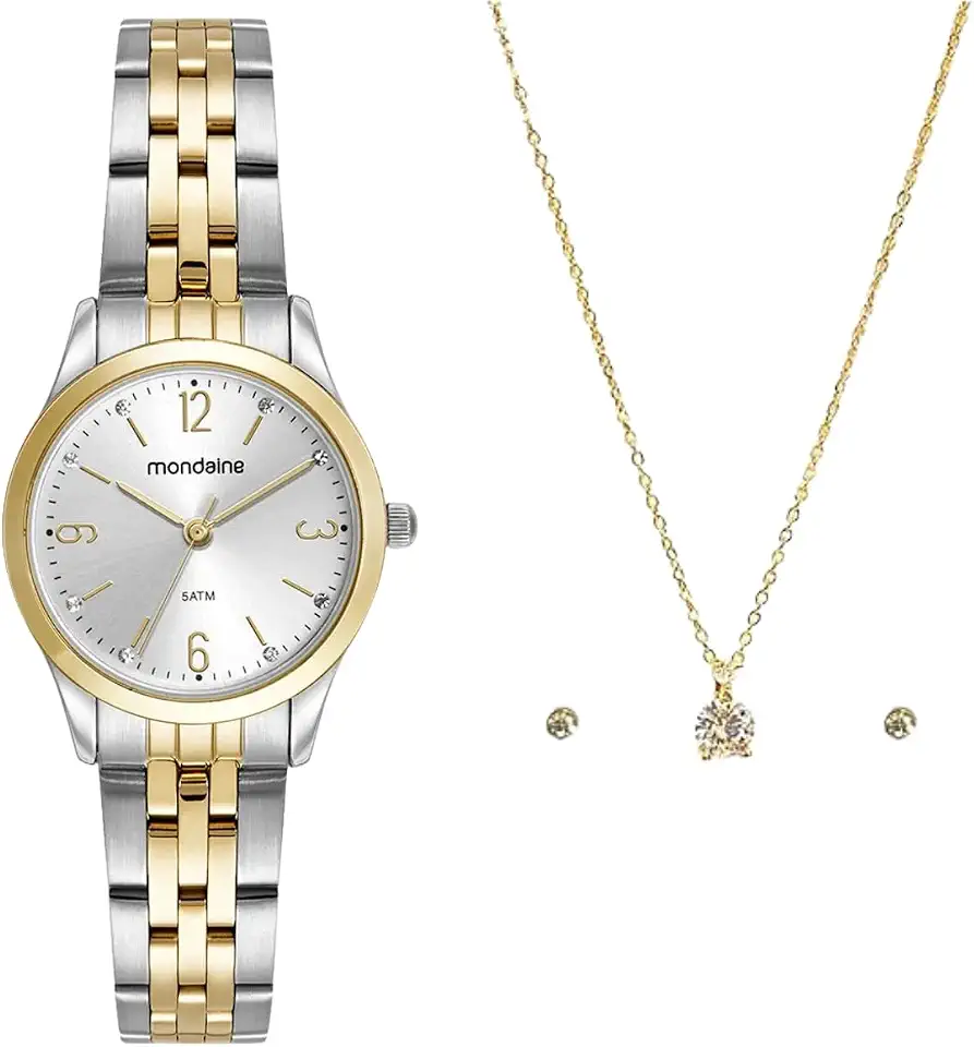 Relógio Mondaine Feminino Analógico 32720LPMKBE3 Bicolor C/semi-joia Colar e brincos