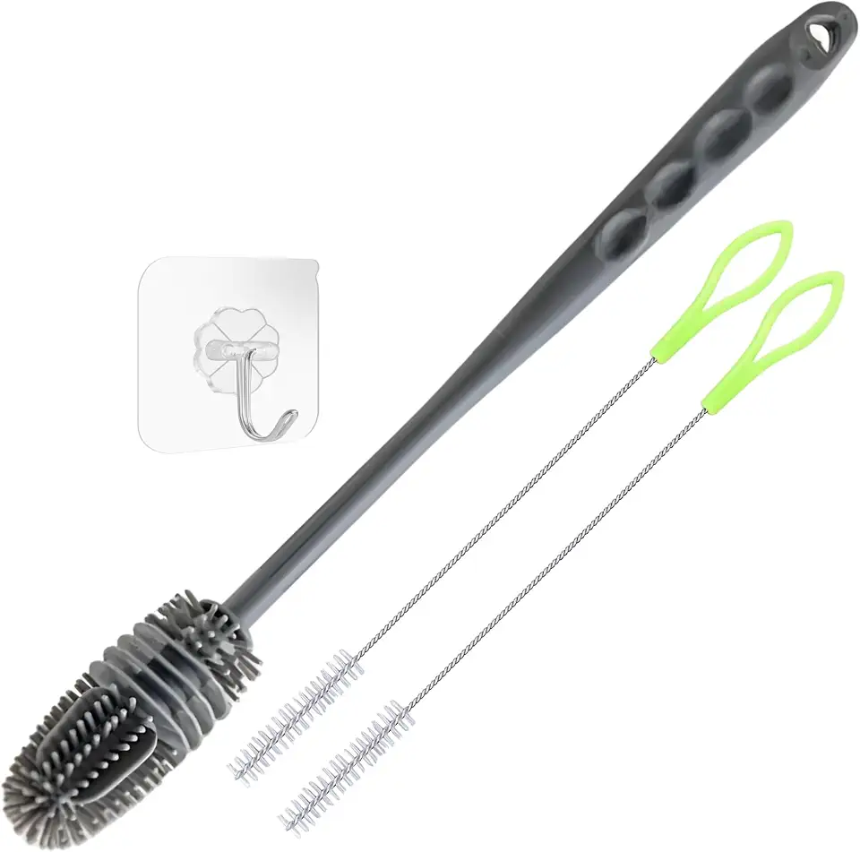 Kit Escovas para Lavar Garrafas e Canudos - Escova de Silicone para Limpeza de Mamadeira e Garrafa + 2 Escovas para Canudos + Gancho adesivo – Não Risca e Alcança Áreas Difíceis