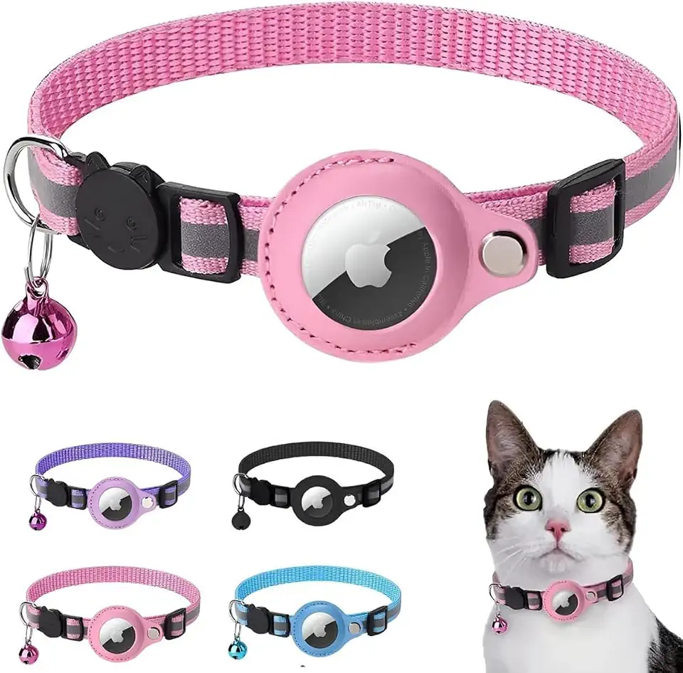 Coleira Cachorro Gato Reflexiva Ajustavel com Case Capa Rastreador GPS Airtag (Rosa)