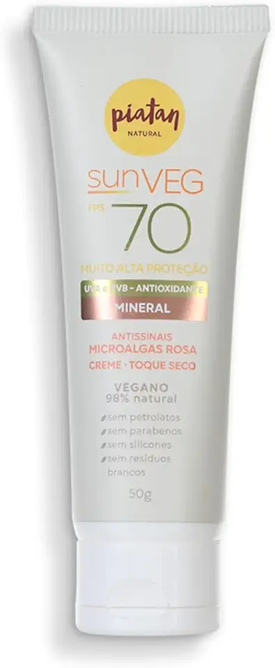 Protetor Solar sunVEG FPS 70 Mineral 50g Piatan Proteção UVA e UVB Ação Antioxidante Antissinais Microalgas Rosa Creme com Toque Seco Sem parabenos Petrolatos Silicones e Sem Resíduos Brancos