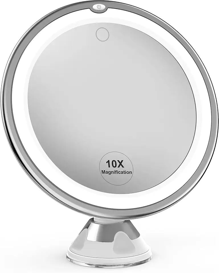 Venigo Espelho de maquiagem atualizado 10x com controle de toque, ventosa de bloqueio potente e rotação de 360 graus, espelho de aumento com luzes para casa, banheiro e viagens