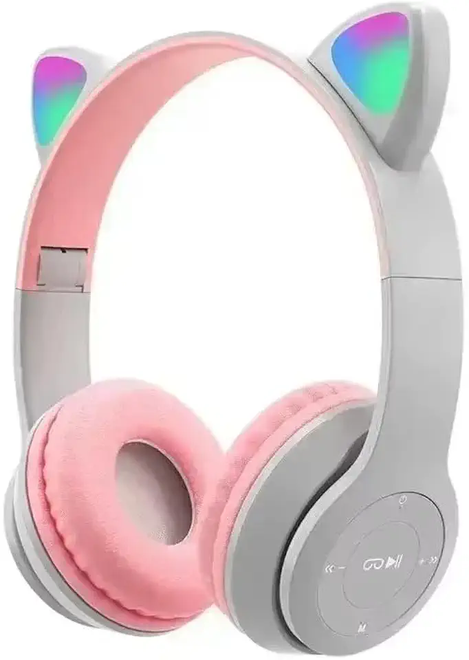Fone De Ouvido Com Orelha de Gatinho Cat Ear Headphone Bluetooth com Luzes RGB para crianças e adultos (Cinza/Rosa)