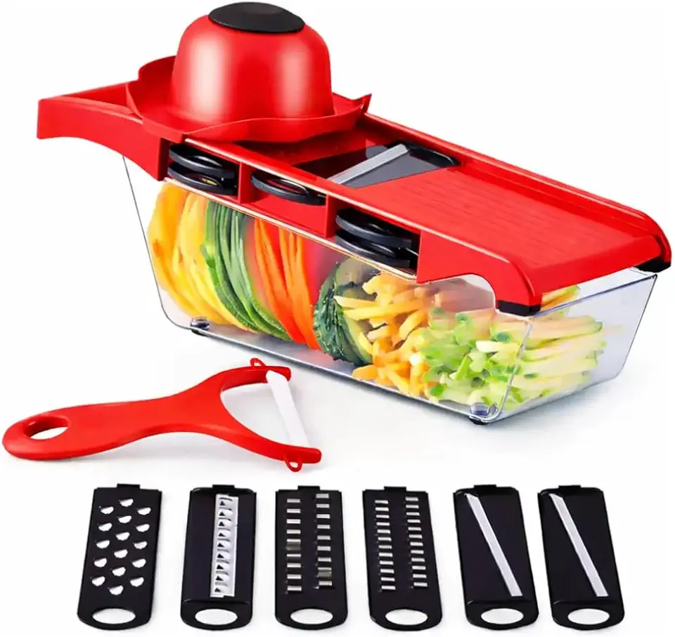 Fatiador de Legumes 6 em 1 — Cortador Mandoline para Frutas, Batatas e Saladas, Lâminas Inox Intercambiáveis, Ajuste de Espessura, com Coletor e Protetor de Dedos Premium