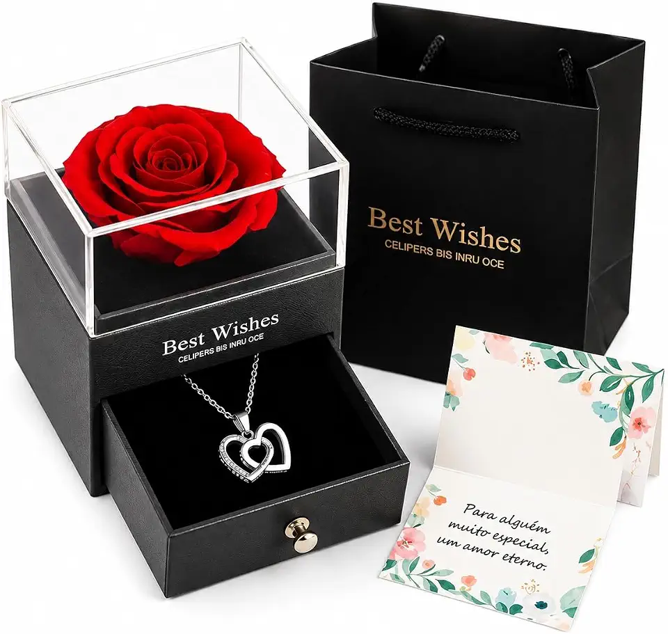 Kit Presente Rosa Eterna Com Colar Eu Te Amo 100 Idiomas Caixa De Luxo E Sacola