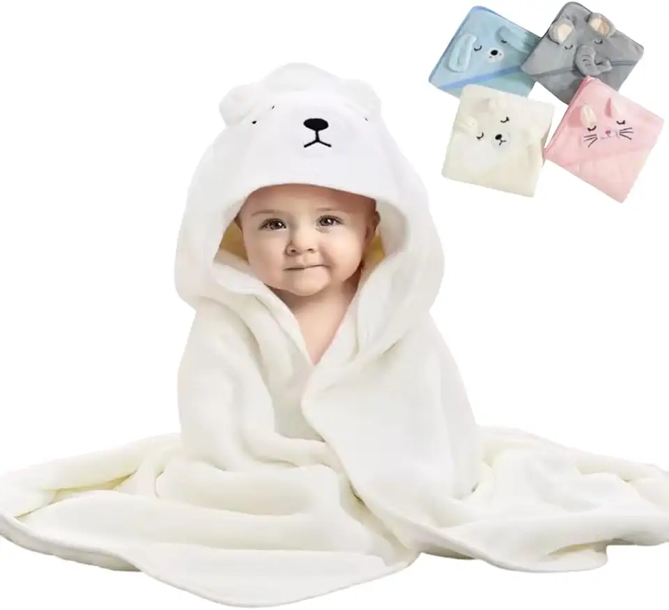 Toalha De Banho Infantil Soft Com Capuz Bichinho Bordado Algodão Toque Extremamente Macio Suave Para Pele do Bebê Recém Nascido, Cobertor Para Recém-Nascidos, Super Absorvente (Branco)