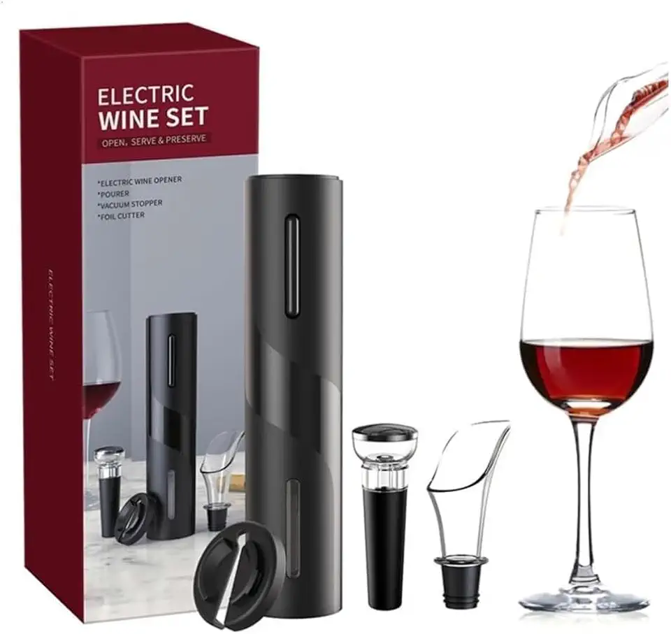 Kit Abridor de Vinho Elétrico 4 Peças Com Saca Rolha Automático Bico Dosador, Cortador de Lacre, Rolha a Vácuo, Ideal Para Presentes e Comemorações