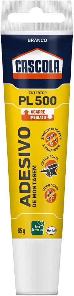 Cascola Monta & Fixa PL500 Interior Cola, Adesivo de montagem extraforte, para madeira, compensado, concreto, entre outros materiais, agarre imediato, Branco, 1x85g