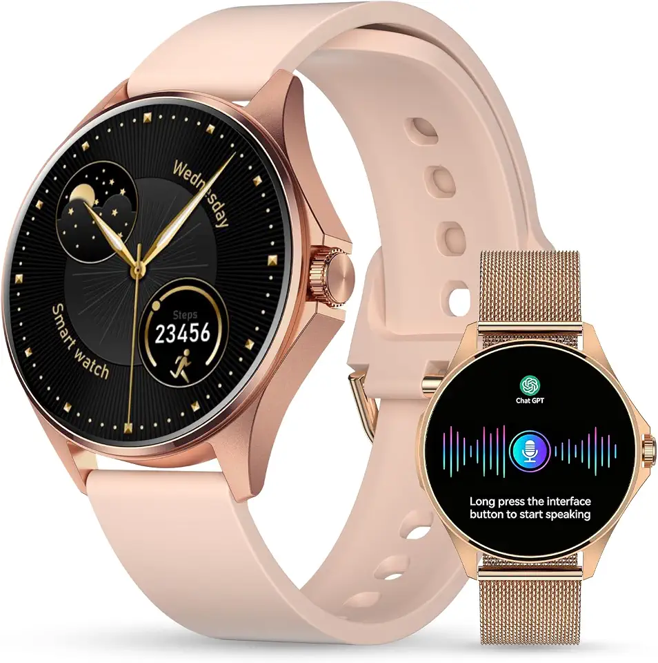 Smartwatch Feminino Relógio Inteligente com IA Chatgpt, 1.32’’ AMOLED,iOS Android, IP68 Água, Frequência Cardíaca, Monitor de Sono, 100 Esportes, 2 Pulseiras silicone e couro