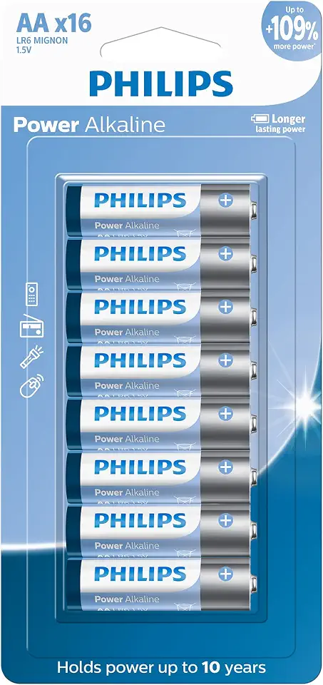 PHILIPS Pilha alcalina AA 1.5V com 16 unidades LR6P16B/59, Azul, branco e prata, padrão