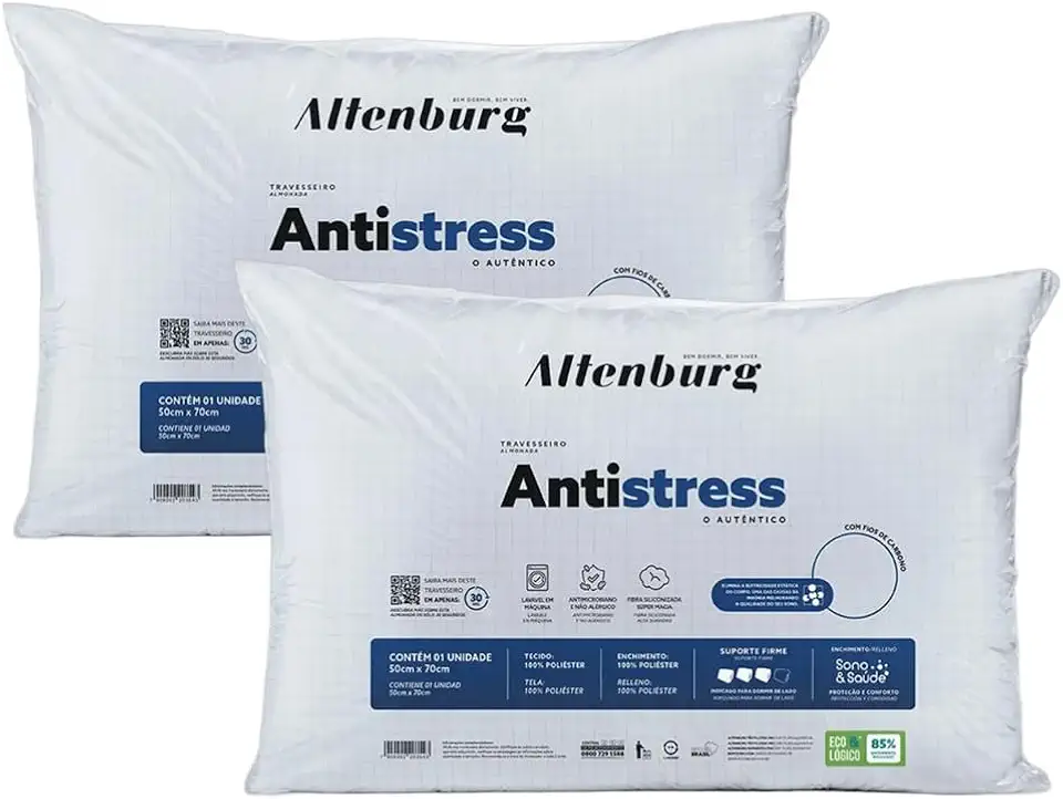 Travesseiros Altenburg Antistress, 50cm x 70cm, Kit 2 Unidades, Antialérgico, Suporte Médio