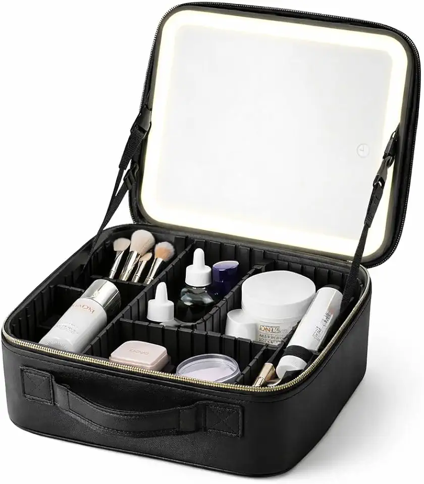 Bolsa de Maquiagem com Espelho LED Portátil Luz Ajustável 3 Modos Necessaire Grande Profissional Viagem Organizador Cosméticos Divisórias Removíveis Bateria Recarregável USB Impermeável