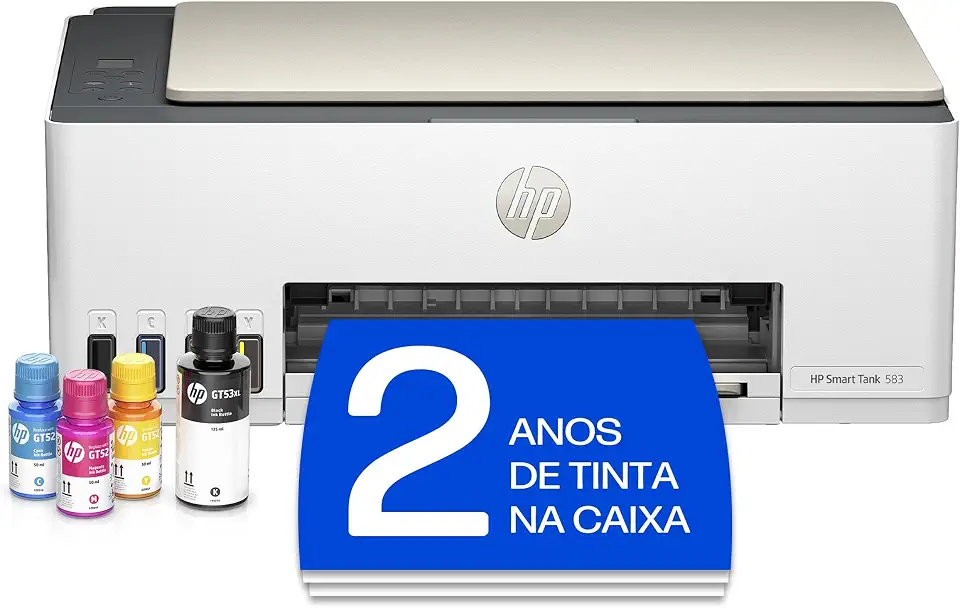Impressora Multifuncional HP Smart Tank 583 Tanque de Tinta Colorida Wi-Fi com autorreparo, USB - Impressora, Copiadora e Scanner Cor: ‎Branco (4A8D8A)