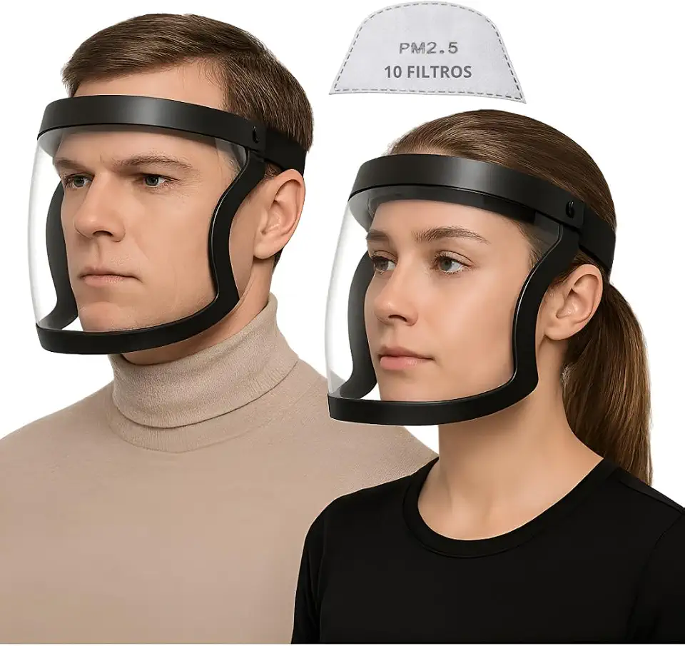 QBQ Máscara Protetor Facial Transparente com 10 filtros PM 2.5 Roçadeira Epi Olhos Cor Preto Máscara Proteção Face Shield Antiembaçante