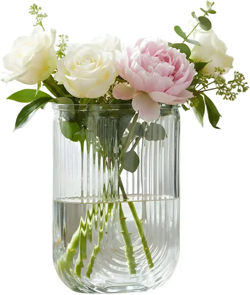 Vaso Decorativo de Vidro 18cm Canelado Transparente em forma de U para Flores Arranjos Mesa Sala Estante Centro de Mesa Decoração Moderna Elegante