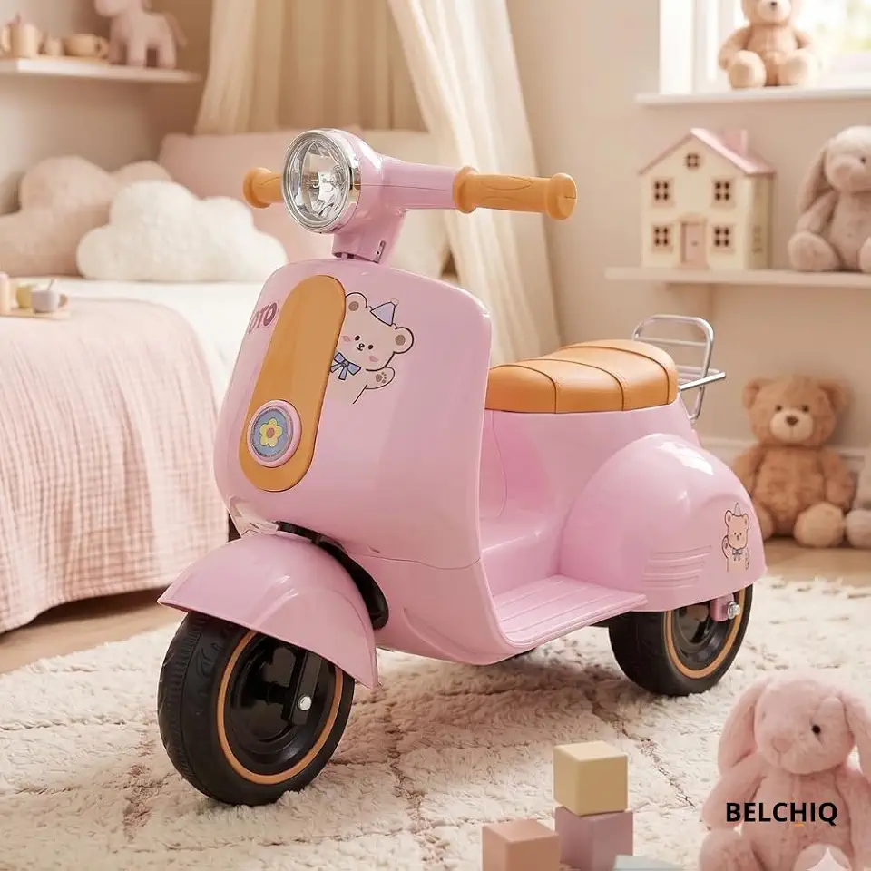 Moto Elétrica Rosa 6V Recarregável – Triciclo Elétrico Infantil Estilo Vespa Scooter com Som e Luz, Motinha Infantil com Baú para Crianças 2 a 5 Anos