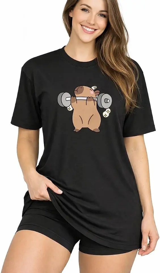 Camiseta Blusão Feminina Academia Fitness com Estampa Capyvara, Manga Curta, 100% Algodão, Gola Redonda, Casual