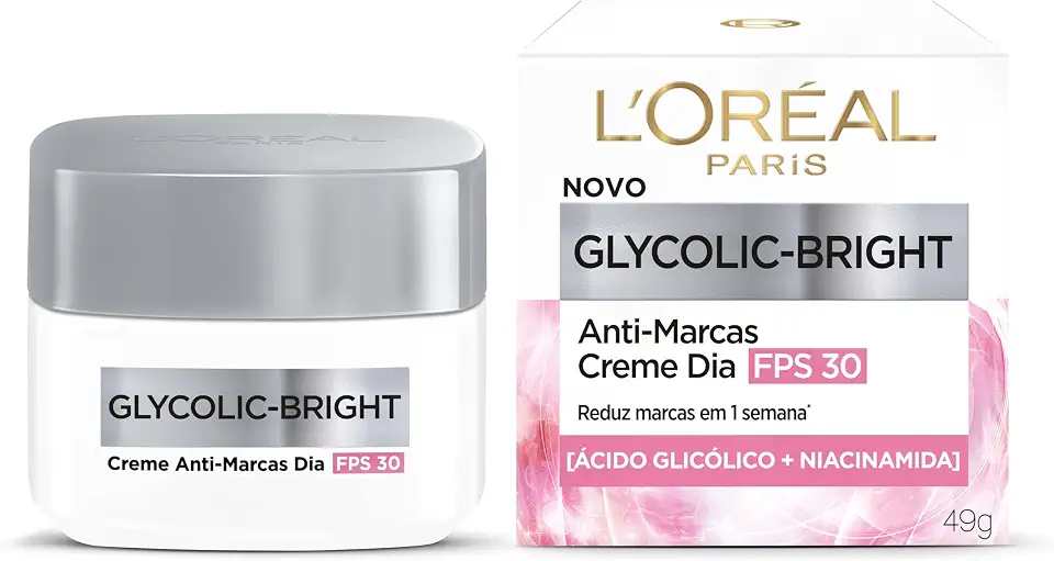 L'Oréal Paris Glycolic-Bright, Creme Anti-Marcas Dia FPS 30 com Ácido Glicólico e Niacinamida para Redução de Manchas e Uniformização da Pele, 49g
