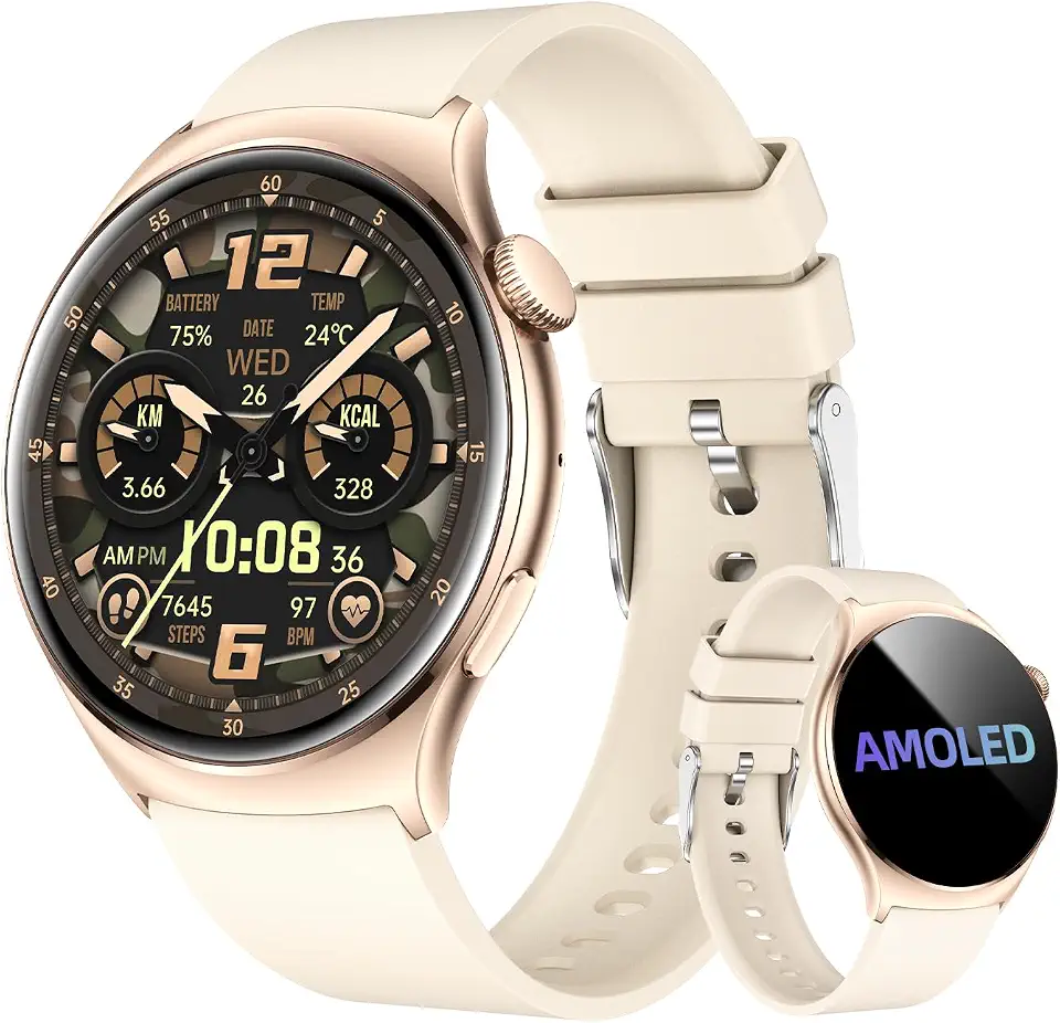Bettdow Smartwatch feminino Redondo AMOLED 1.43" - Relógio Inteligente com Chamadas Bluetooth, 178+ Modos Esportivos, IP68 à Prova d‘Água, Compatível Android/iOS (Bege)