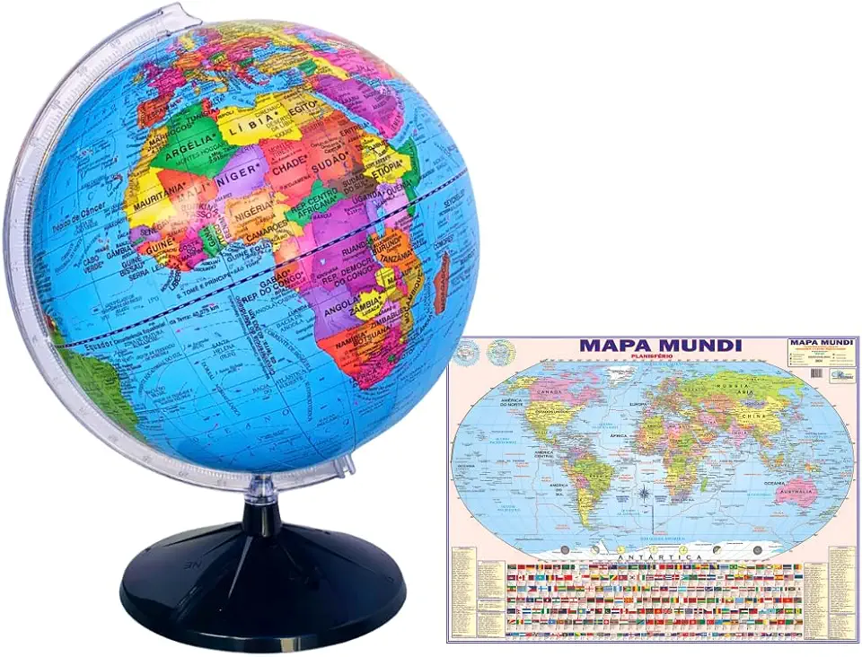 Globo Terrestre Político -30 Cm Diâmetro + Acompanha Mapa Mundi