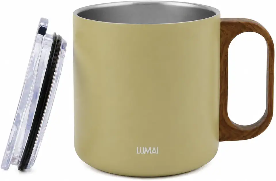 LUMAI Caneca Térmica 350ml Inox com Tampa Antivazamento - Amarelo Claro | Caneca de Café Caraíva, Aço Inox 304, Parede Dupla com Isolamento Térmico, Alça Estilo Madeira, Bebidas Quentes ou Frias